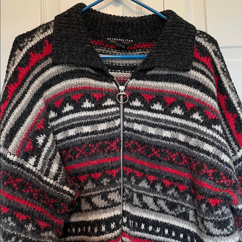 Women’s XL Metropolitan knit full zip cardigan Nordic front pockets gray/red
